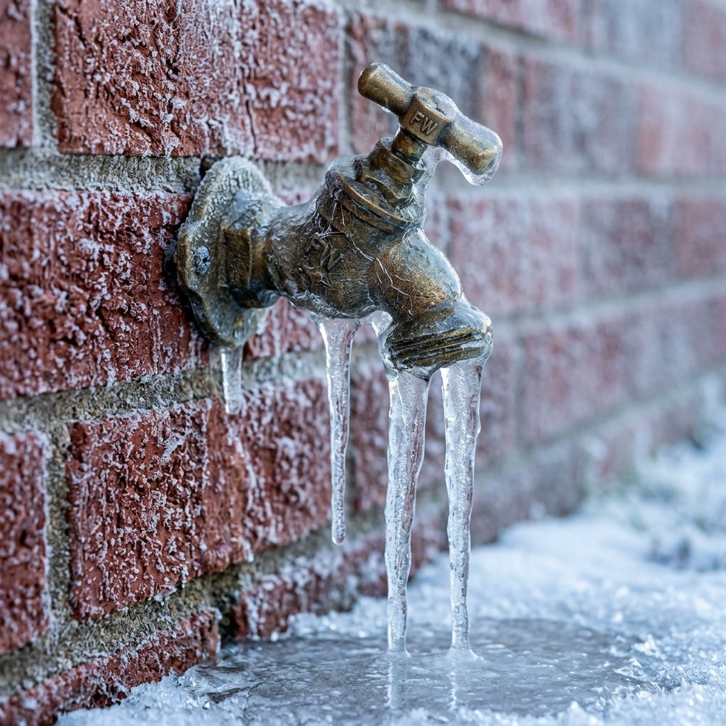 Macro photo of frozen burst brass ball valve and hose bib pipe fracture in Austin, TX