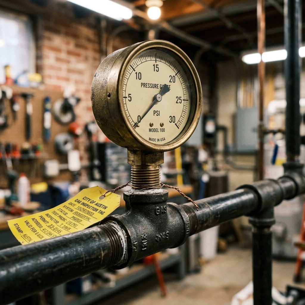 Precision 15 PSI pressure gauge test confirming zero gas leak drop with official tag in Austin, TX