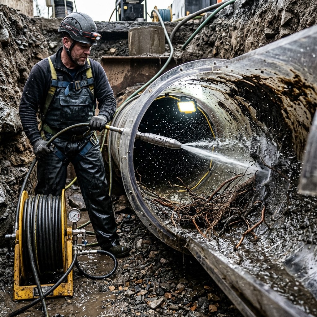 High velocity 4000 PSI hydro jetting nozzle clearing roots in transparent sewer pipe in Dallas, TX