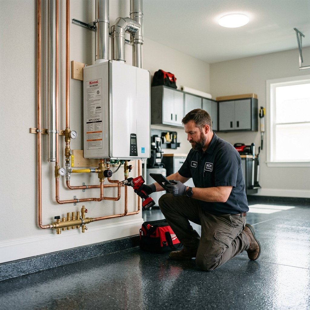 Turnkey condensing tankless water heater installation with PEX-A expansion manifold in San Antonio, TX